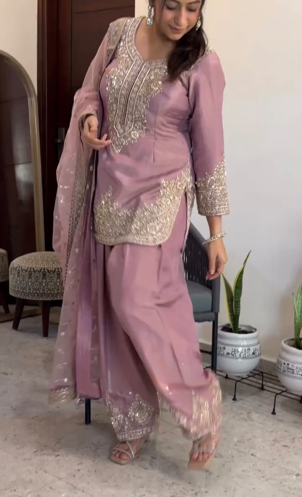 New 🦋 Đěsigner Party Wear Look Pur Nc Moss Silk Top & Farshi Palazzo With Dupatta set
