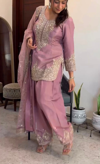 New 🦋 Đěsigner Party Wear Look Pur Nc Moss Silk Top & Farshi Palazzo With Dupatta set