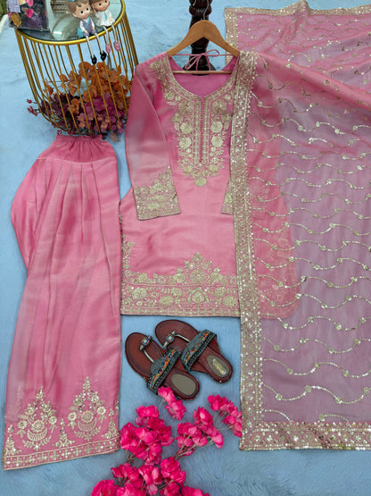 New 🦋 Đěsigner Party Wear Look Pur Nc Moss Silk Top & Farshi Palazzo With Dupatta set
