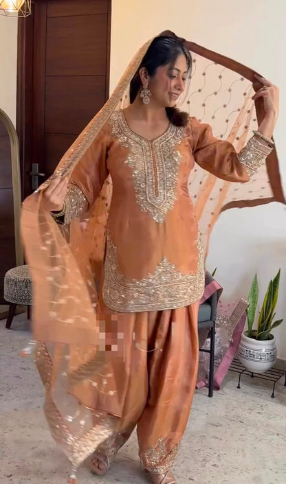 New 🦋 Đěsigner Party Wear Look Pur Nc Moss Silk Top & Farshi Palazzo With Dupatta set