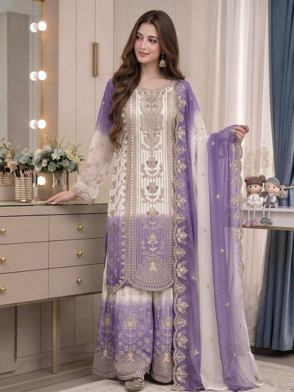 Đěsigner Party Wear Look Pur Heavy Dual Tone Peding Star Georgette Top Plazzo & Dupatta Set