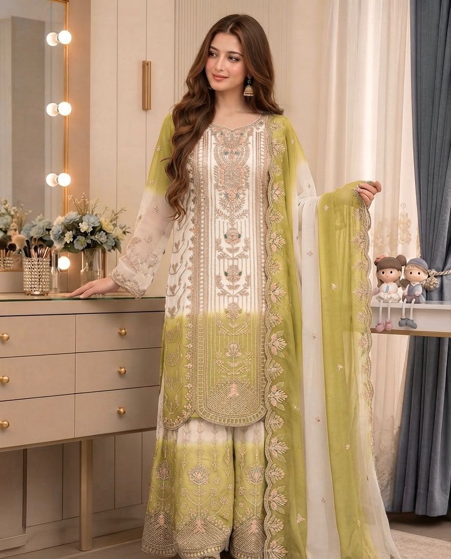 Đěsigner Party Wear Look Pur Heavy Dual Tone Peding Star Georgette Top Plazzo & Dupatta Set