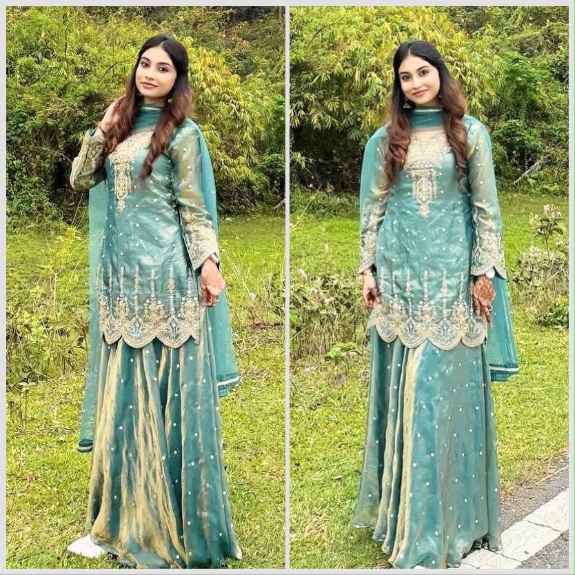 NEW READY TO WEAR COLLECTION FANCY DESIGN EMBROIDERY TOP - PALAZZO WITH  DUPATTA