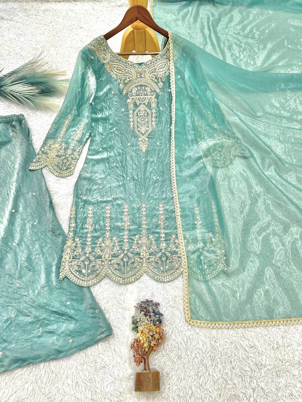 NEW READY TO WEAR COLLECTION FANCY DESIGN EMBROIDERY TOP - PALAZZO WITH  DUPATTA