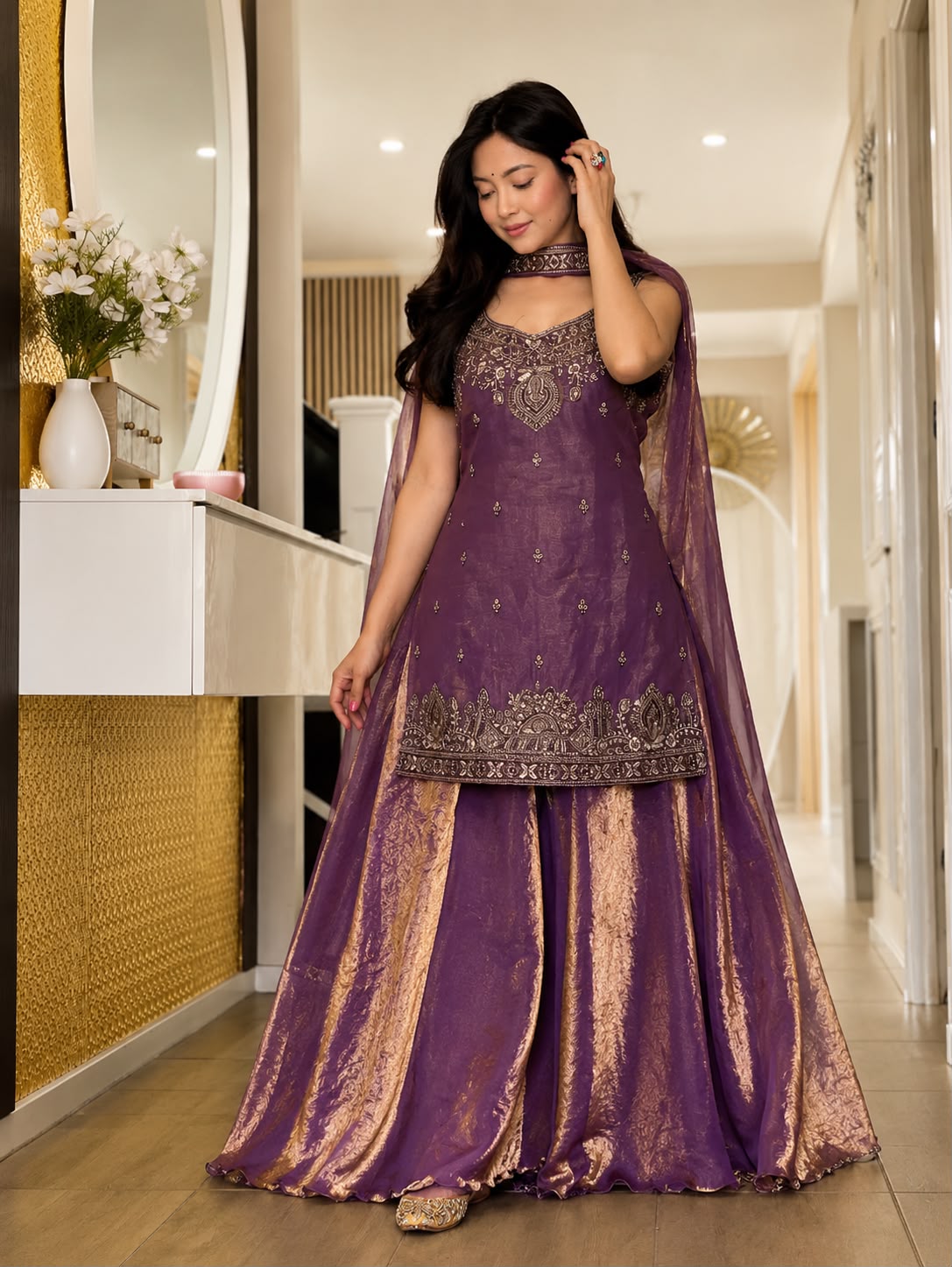 Premium Quality With Embroidery Sequence Worked Top-Plazzo And Dupatta Set Fully Stitched Ready To Wear