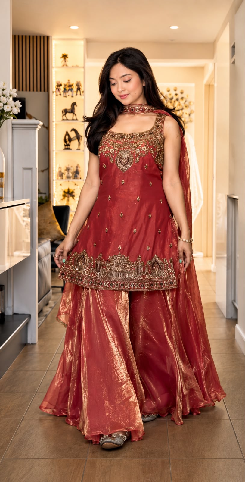 Premium Quality With Embroidery Sequence Worked Top-Plazzo And Dupatta Set Fully Stitched Ready To Wear