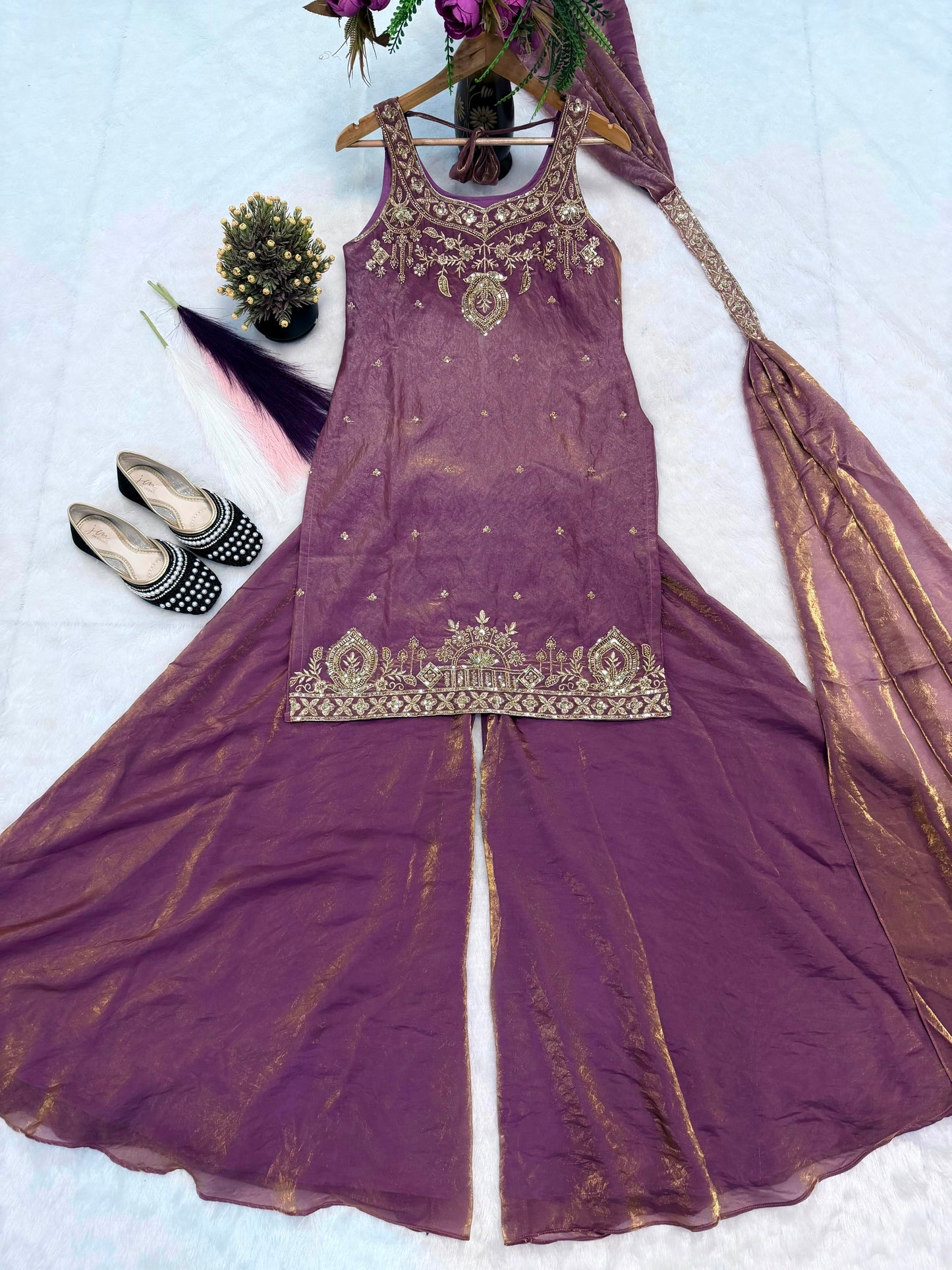 Premium Quality With Embroidery Sequence Worked Top-Plazzo And Dupatta Set Fully Stitched Ready To Wear
