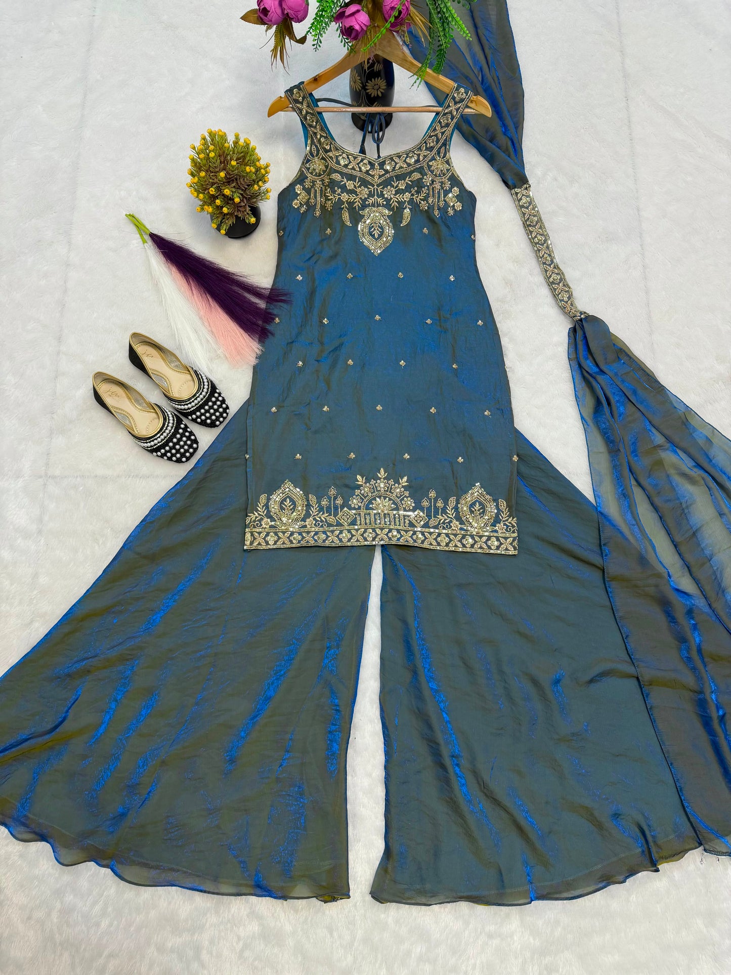 Premium Quality With Embroidery Sequence Worked Top-Plazzo And Dupatta Set Fully Stitched Ready To Wear