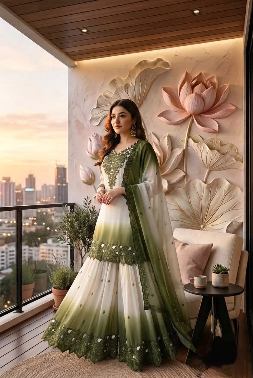 Đěsigner Party Wear Look Pur Heavy Dual Tone Peding Star Georgette Top Plazzo & Dupatta Set