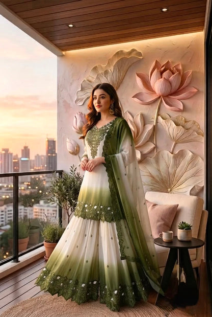 Đěsigner Party Wear Look Pur Heavy Dual Tone Peding Star Georgette Top Plazzo & Dupatta Set