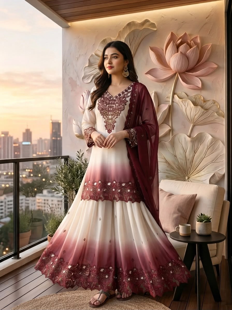Đěsigner Party Wear Look Pur Heavy Dual Tone Peding Star Georgette Top Plazzo & Dupatta Set