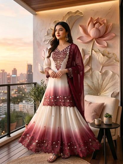 Đěsigner Party Wear Look Pur Heavy Dual Tone Peding Star Georgette Top Plazzo & Dupatta Set