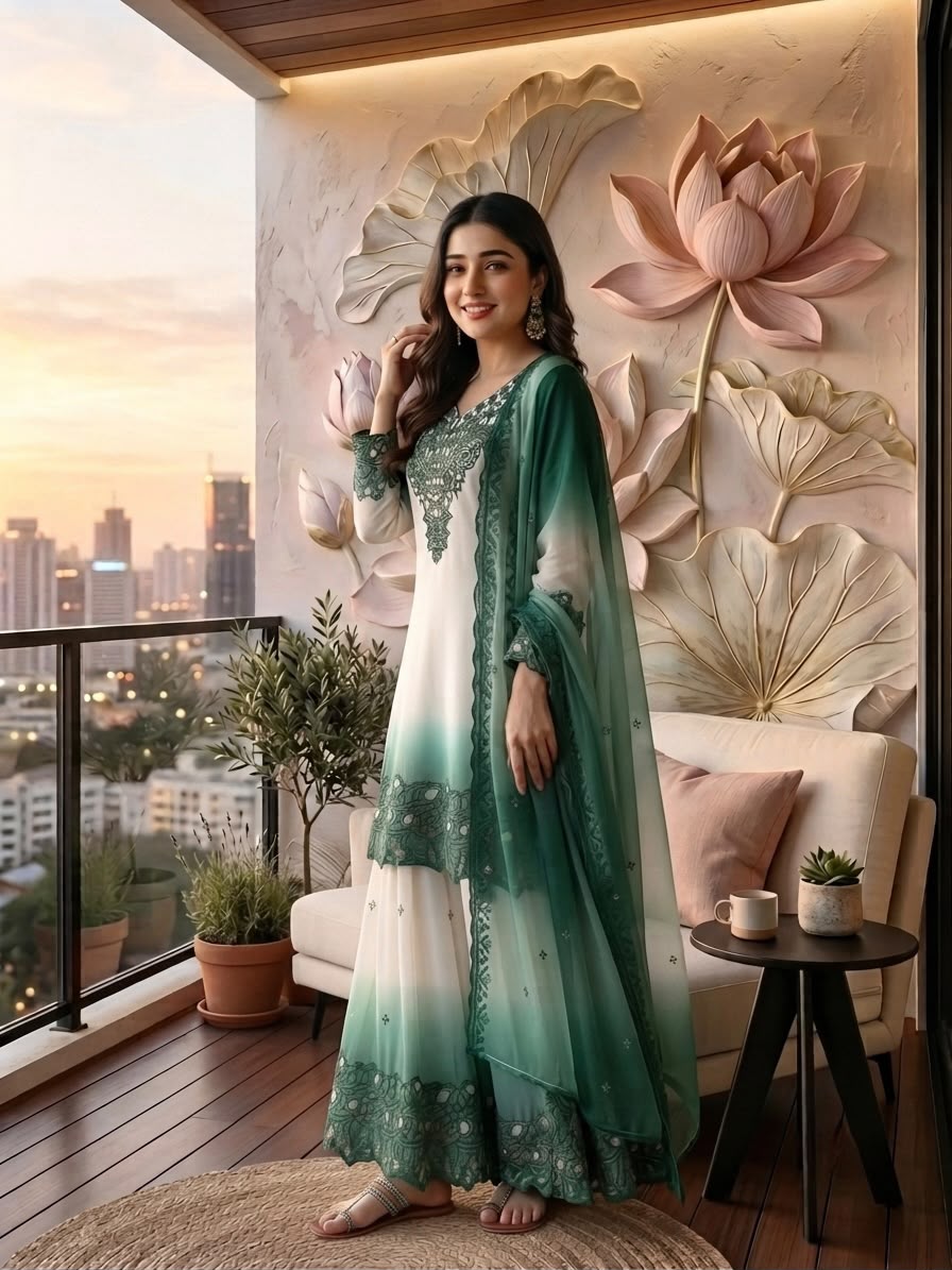 Đěsigner Party Wear Look Pur Heavy Dual Tone Peding Star Georgette Top Plazzo & Dupatta Set