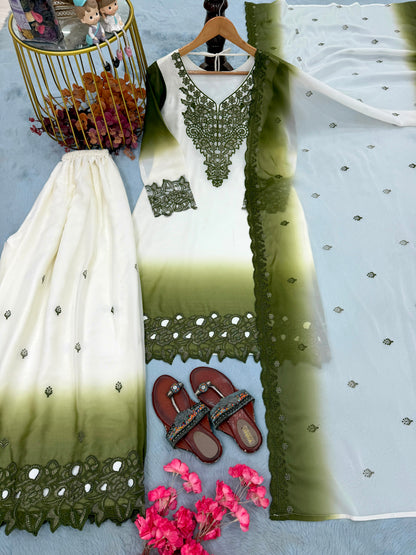 Đěsigner Party Wear Look Pur Heavy Dual Tone Peding Star Georgette Top Plazzo & Dupatta Set