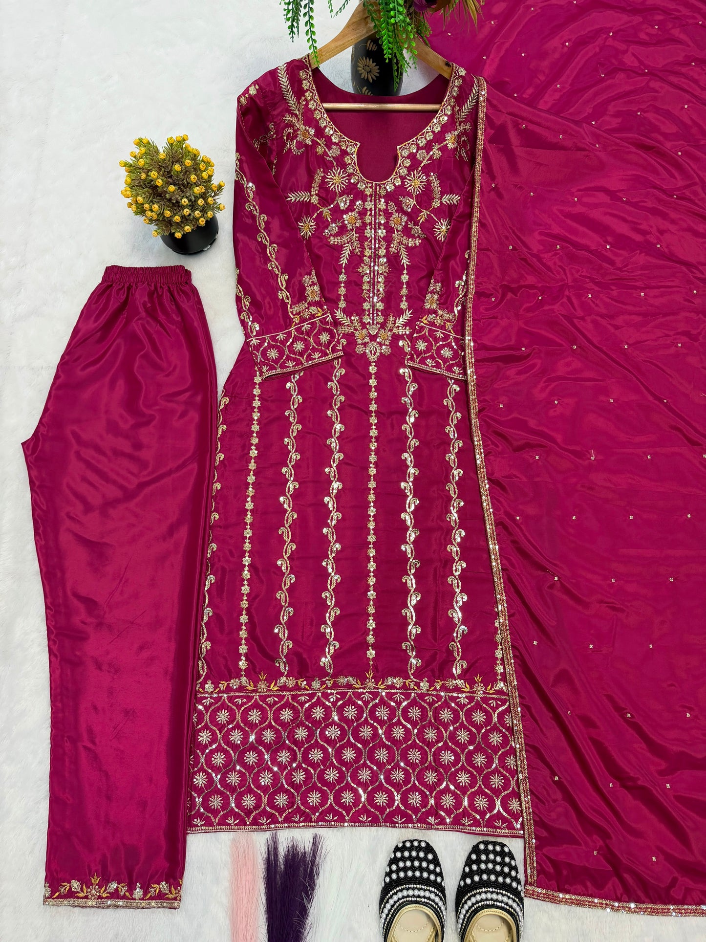 DESIRABLE FANCY LONG SUITS EMBROIDERY WORK TOP AND PENT WITH DUPATTA
