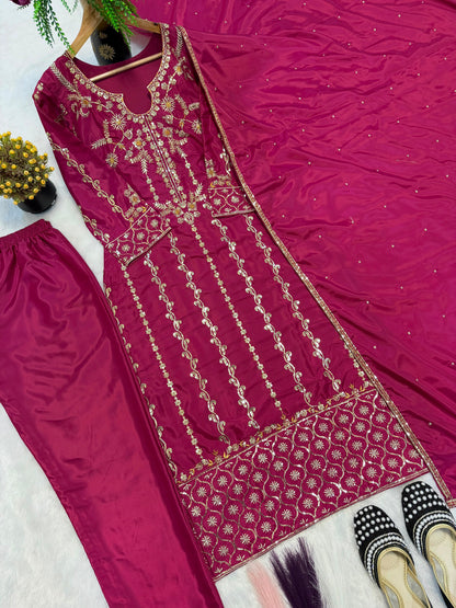 DESIRABLE FANCY LONG SUITS EMBROIDERY WORK TOP AND PENT WITH DUPATTA