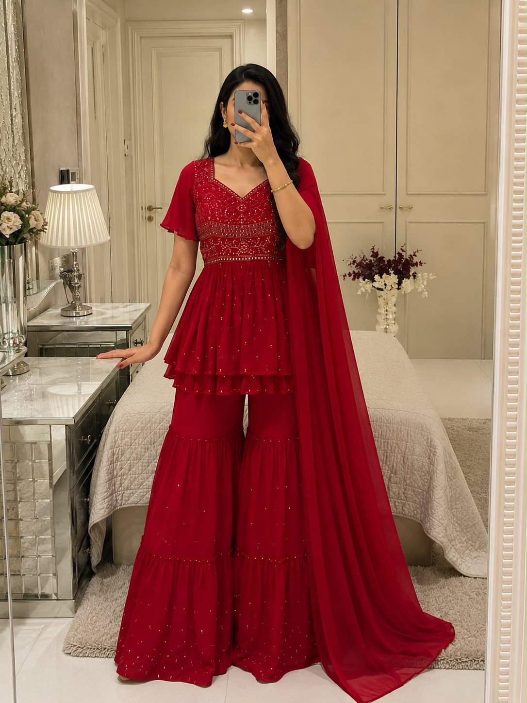 Drape yourself in elegance with this Sharara style Georgette Sharara set paired with a beautiful dupatta.