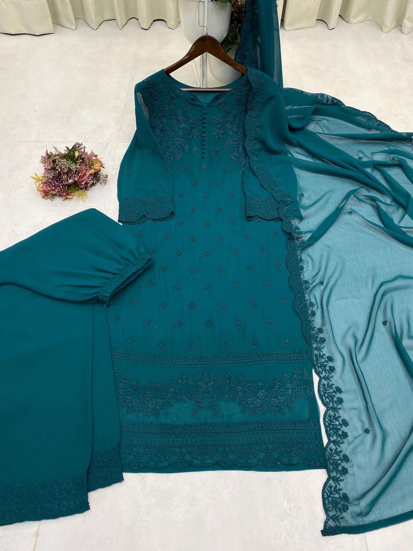 DESIGNER TRENDING  PUMPUM NECK TOP WITH EMBROIDERY WORK WITH PANT AND DUPATTA