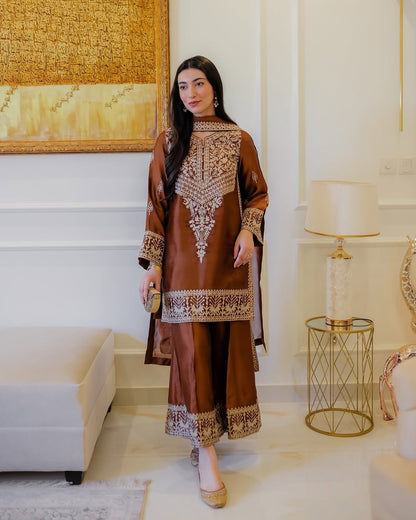 New 🦋 Đěsigner Party Wear Look Pur Chinon Silk Top & Palazzo With Dupatta set
