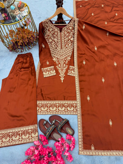 New 🦋 Đěsigner Party Wear Look Pur Chinon Silk Top & Palazzo With Dupatta set