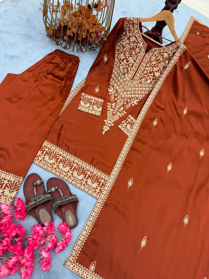New 🦋 Đěsigner Party Wear Look Pur Chinon Silk Top & Palazzo With Dupatta set