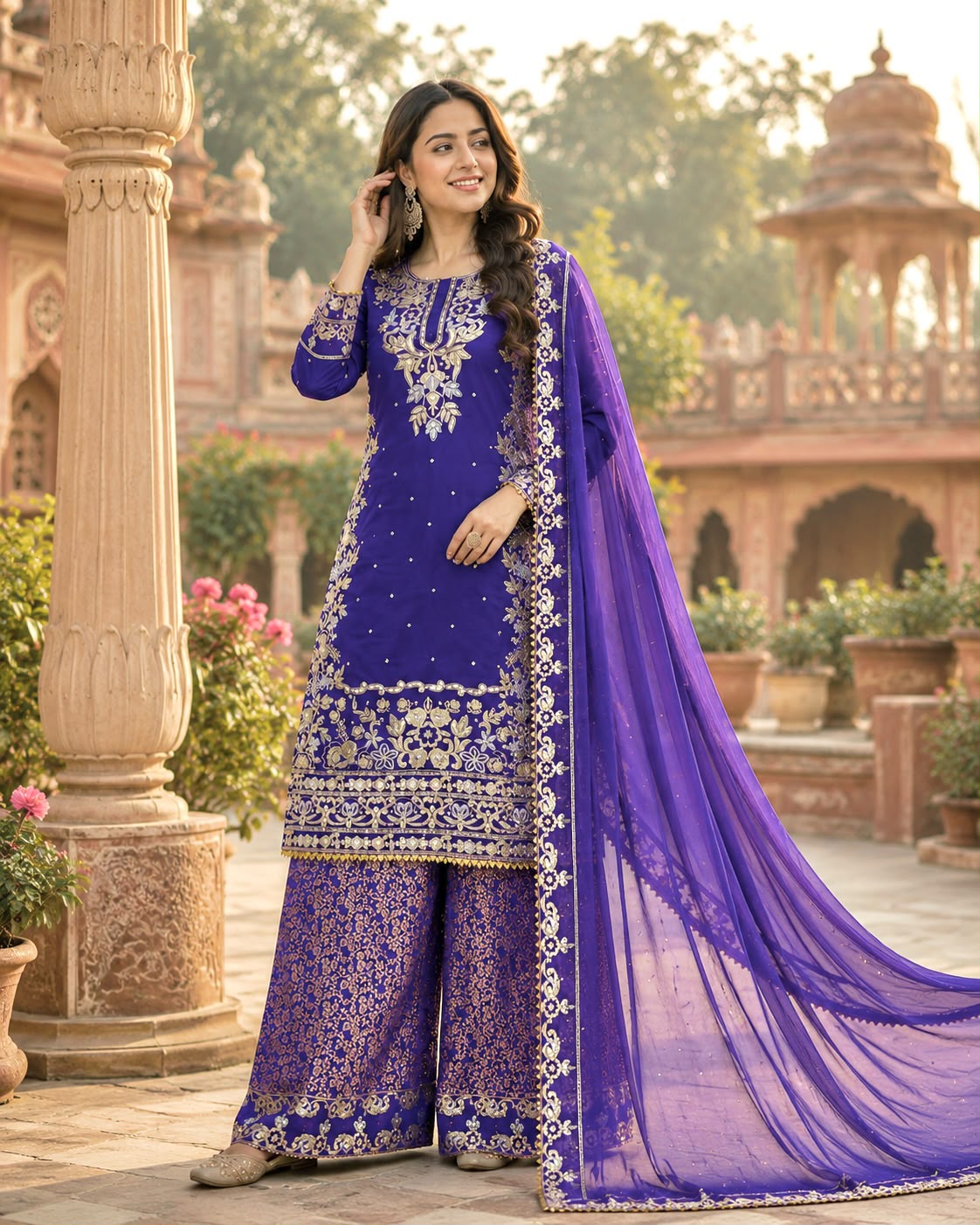 NEW READY TO WEAR DESIGN HEAVY EMBROIDERY AND SEQUENCE WORK TOP - WITH JACQUARD PLAZZO WITH  DUPATTA