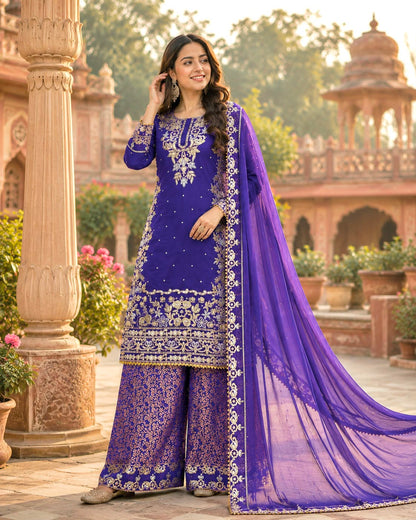 NEW READY TO WEAR DESIGN HEAVY EMBROIDERY AND SEQUENCE WORK TOP - WITH JACQUARD PLAZZO WITH  DUPATTA