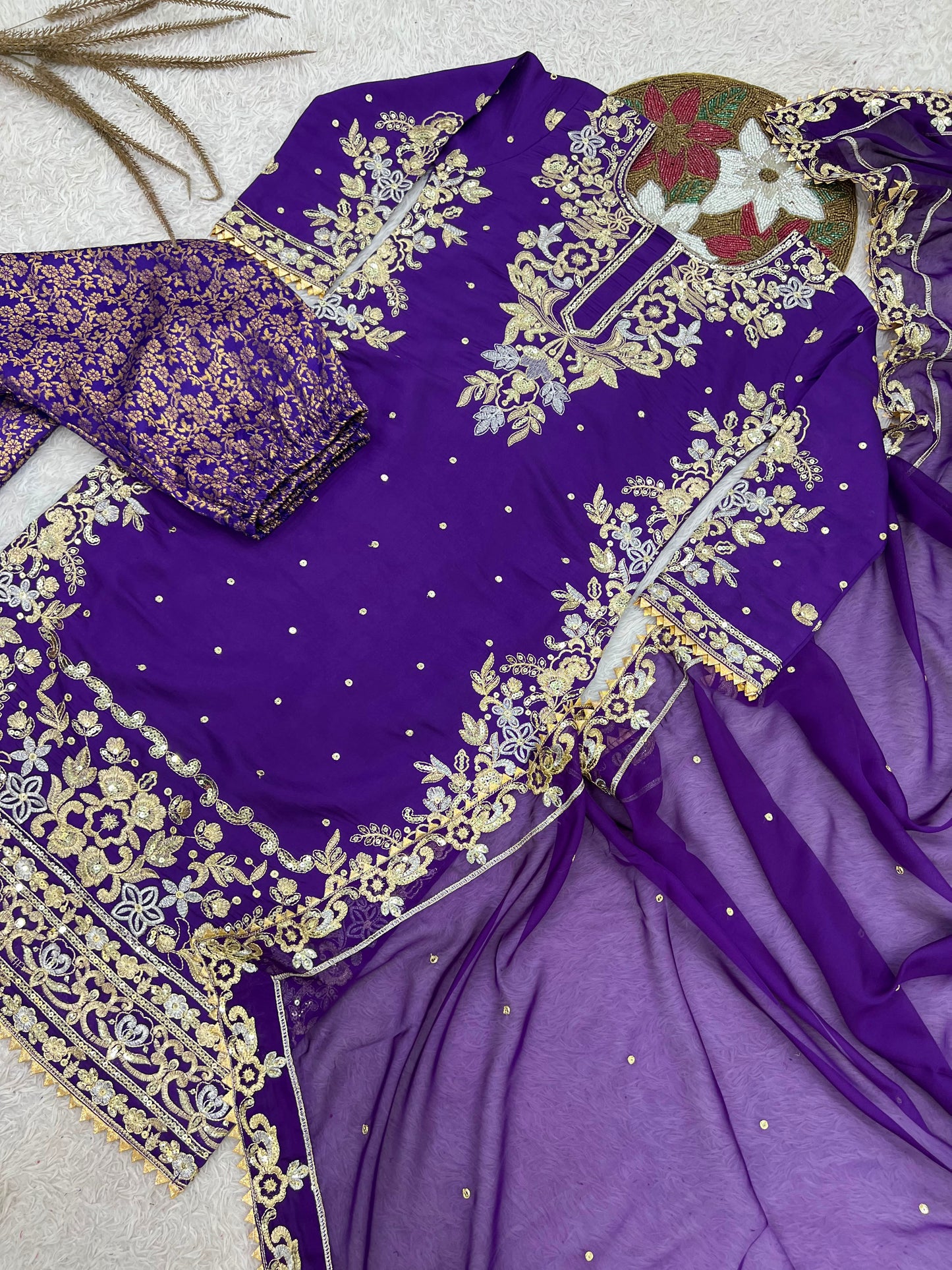 NEW READY TO WEAR DESIGN HEAVY EMBROIDERY AND SEQUENCE WORK TOP - WITH JACQUARD PLAZZO WITH  DUPATTA