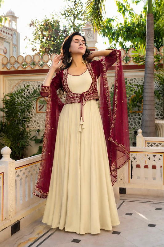 3 PIECE STYLISH GOWN WITH BEAUTIFUL  KOTI AND DUPATTA