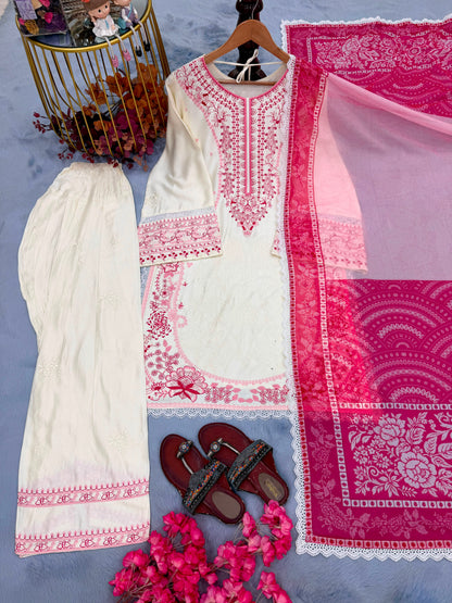 Đěsigner Party Wear Look Pur Satin Rayon Top & Farshi Palazzo With Dupatta set