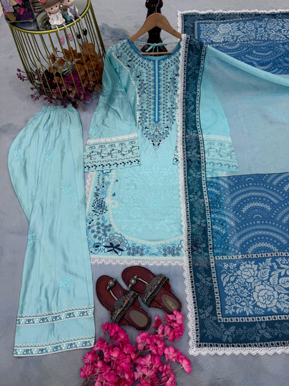 Đěsigner Party Wear Look Pur Satin Rayon Top & Farshi Palazzo With Dupatta set