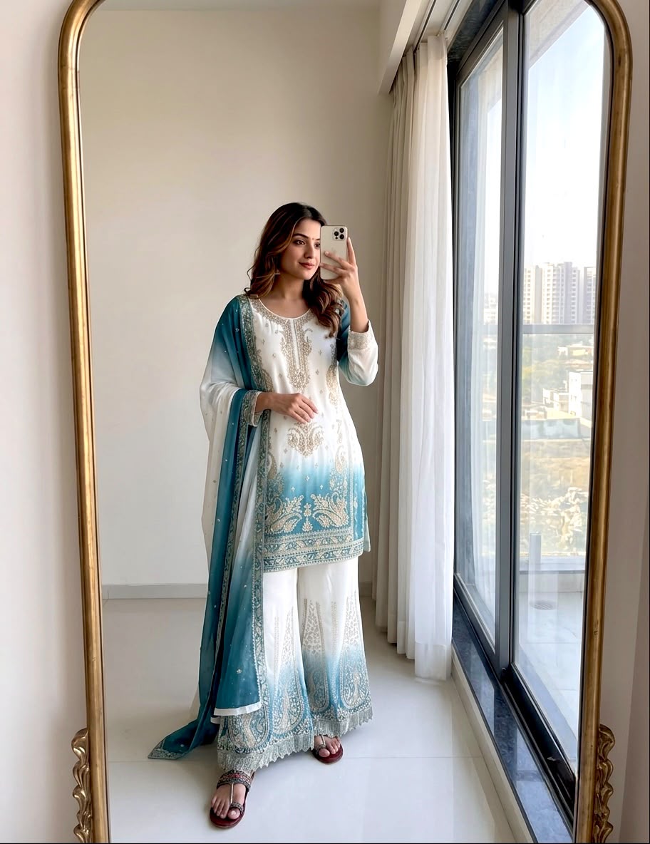 New 🦋 Đěsigner Party Wear Look Heavy Dual Tone Peding Star Georgette Top Plazzo & Dupatta Set