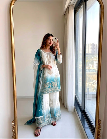 New 🦋 Đěsigner Party Wear Look Heavy Dual Tone Peding Star Georgette Top Plazzo & Dupatta Set