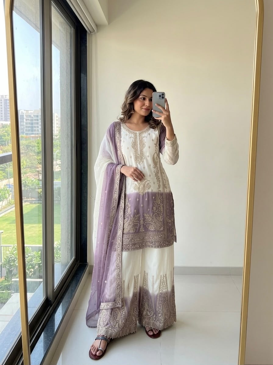New 🦋 Đěsigner Party Wear Look Heavy Dual Tone Peding Star Georgette Top Plazzo & Dupatta Set