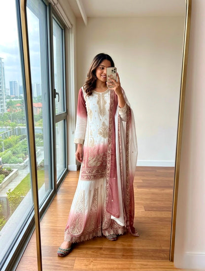 New 🦋 Đěsigner Party Wear Look Heavy Dual Tone Peding Star Georgette Top Plazzo & Dupatta Set