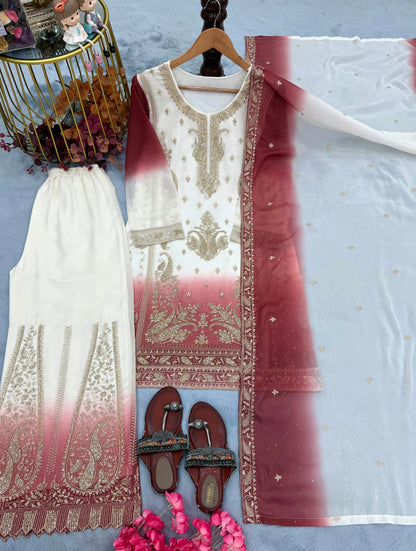 New 🦋 Đěsigner Party Wear Look Heavy Dual Tone Peding Star Georgette Top Plazzo & Dupatta Set