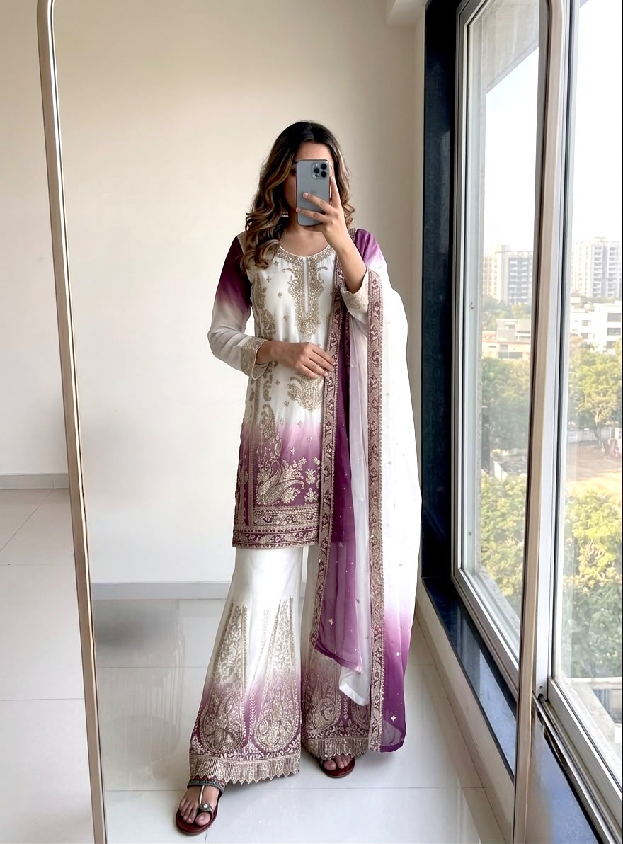 New 🦋 Đěsigner Party Wear Look Heavy Dual Tone Peding Star Georgette Top Plazzo & Dupatta Set
