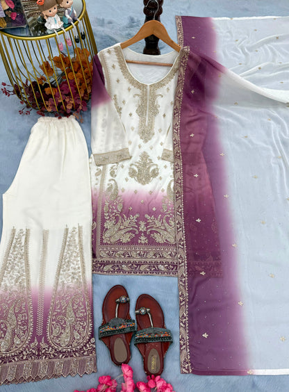 New 🦋 Đěsigner Party Wear Look Heavy Dual Tone Peding Star Georgette Top Plazzo & Dupatta Set