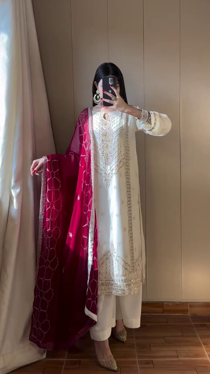 FESTIVAL SPECIAL HEAVY SEQUENCE EMBROIDERY ON SILK FABRIC TOP AND PLAZZO WITH DUPATTA SET