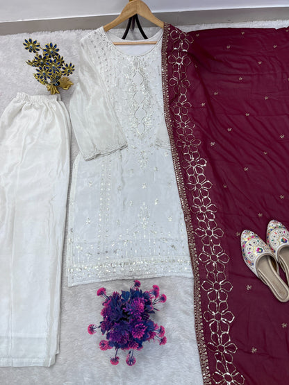 FESTIVAL SPECIAL HEAVY SEQUENCE EMBROIDERY ON SILK FABRIC TOP AND PLAZZO WITH DUPATTA SET