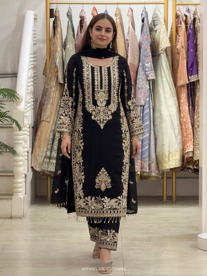 New Collection In Faux Georgette With Heavy Embroidery Sequence Work Top-Bottom And Dupatta Set Fully Stitched Ready To Wear 9
