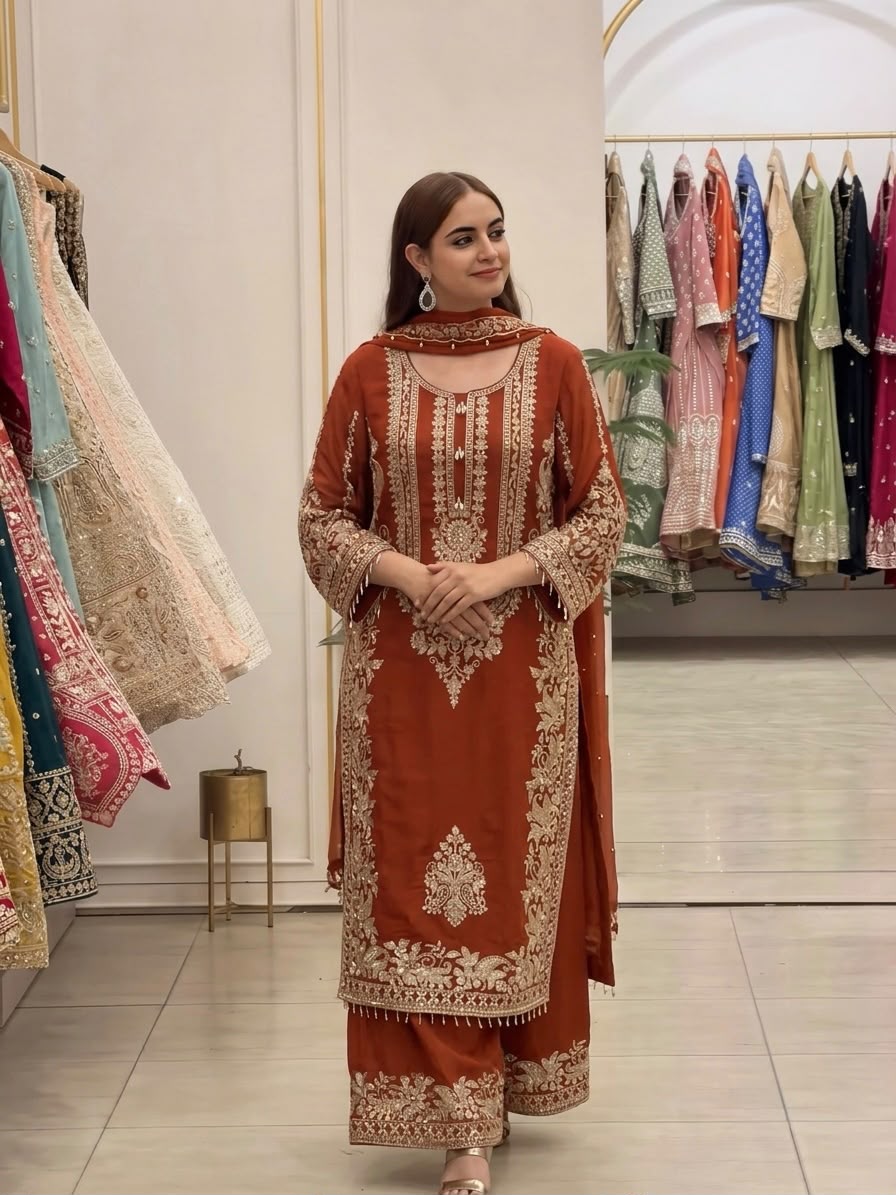 New Collection In Faux Georgette With Heavy Embroidery Sequence Work Top-Bottom And Dupatta Set Fully Stitched Ready To Wear 9