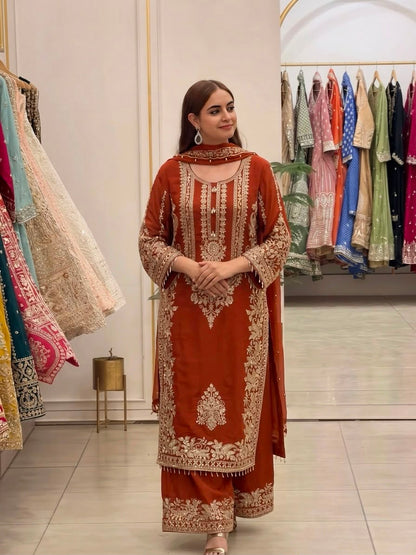 New Collection In Faux Georgette With Heavy Embroidery Sequence Work Top-Bottom And Dupatta Set Fully Stitched Ready To Wear 9