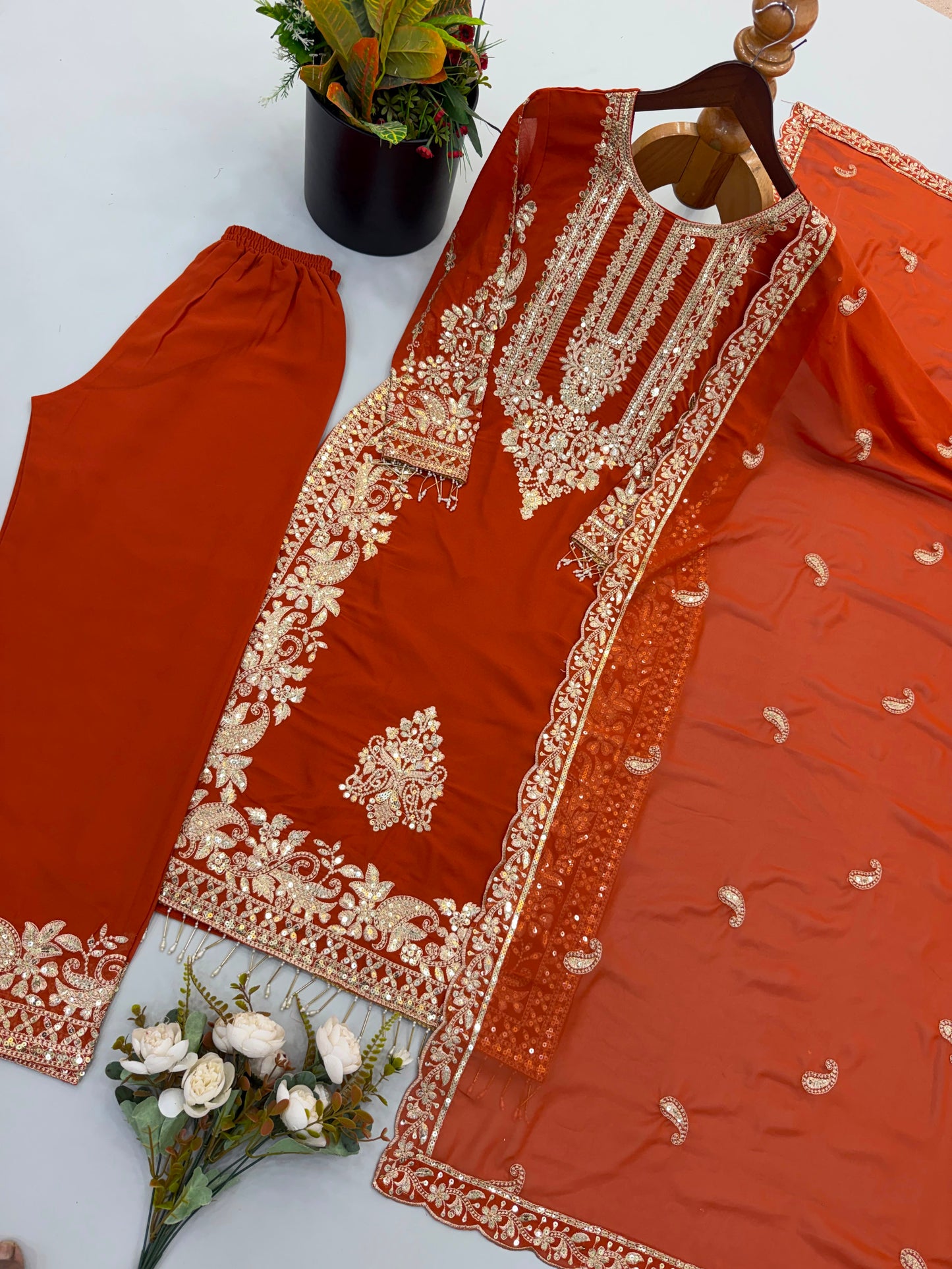 New Collection In Faux Georgette With Heavy Embroidery Sequence Work Top-Bottom And Dupatta Set Fully Stitched Ready To Wear 9