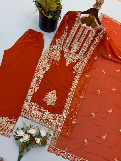 New Collection In Faux Georgette With Heavy Embroidery Sequence Work Top-Bottom And Dupatta Set Fully Stitched Ready To Wear 9