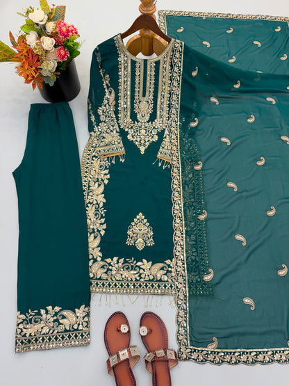 New Collection In Faux Georgette With Heavy Embroidery Sequence Work Top-Bottom And Dupatta Set Fully Stitched Ready To Wear 9