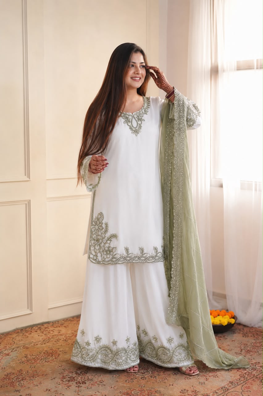 New Fancy Design Pakistani Collection Top - Plazzo And Dupatta Set Fully Stitched Ready To Wear