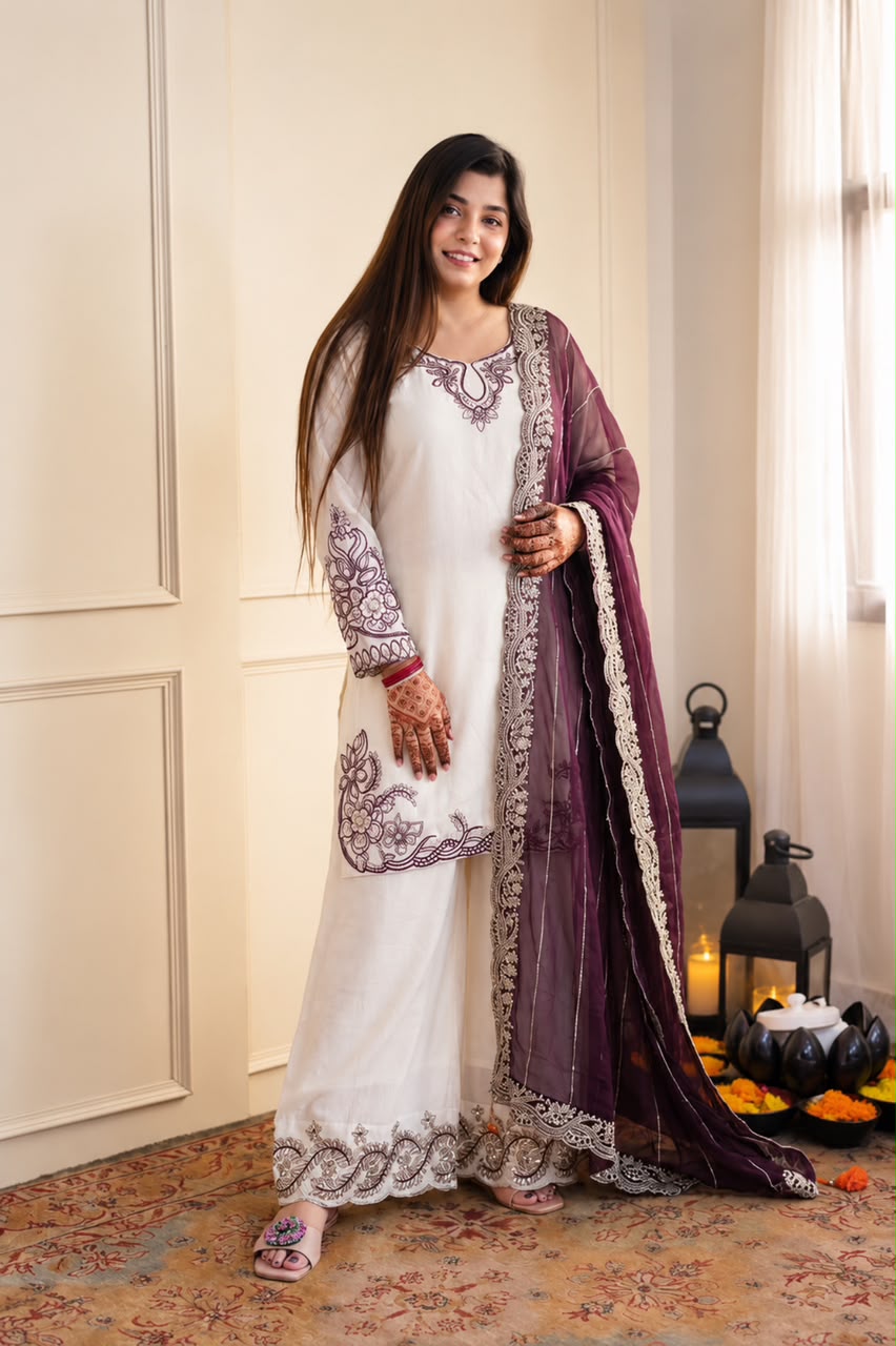New Fancy Design Pakistani Collection Top - Plazzo And Dupatta Set Fully Stitched Ready To Wear