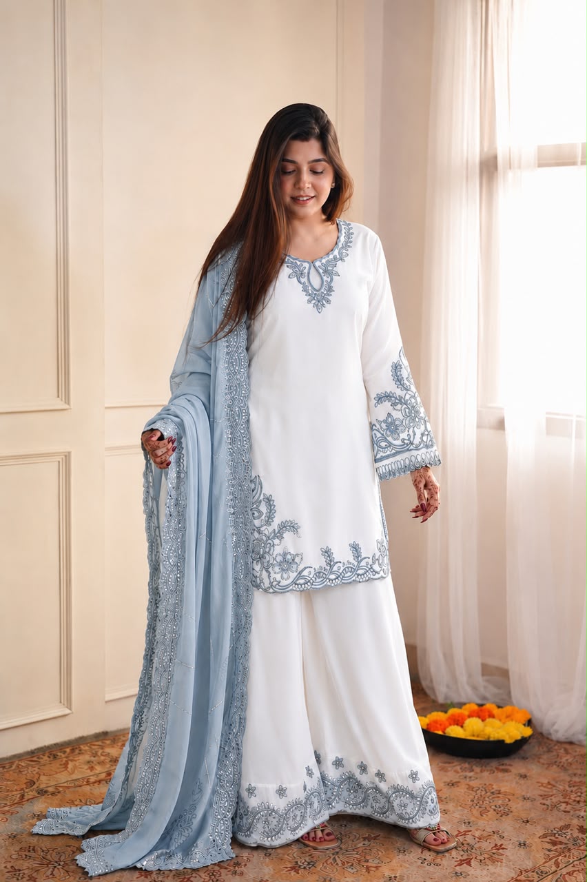 New Fancy Design Pakistani Collection Top - Plazzo And Dupatta Set Fully Stitched Ready To Wear