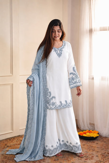 New Fancy Design Pakistani Collection Top - Plazzo And Dupatta Set Fully Stitched Ready To Wear